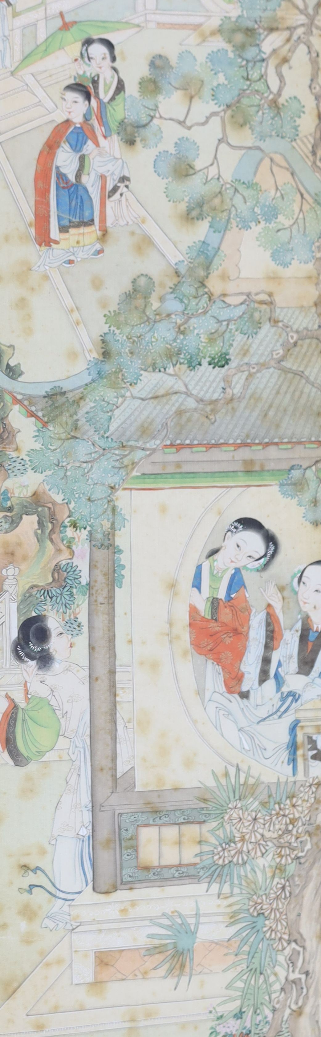 A set of four Chinese paintings on silk of ladies in pavilion gardens, 19th century each image 82 cm x 18.5 cm, damage